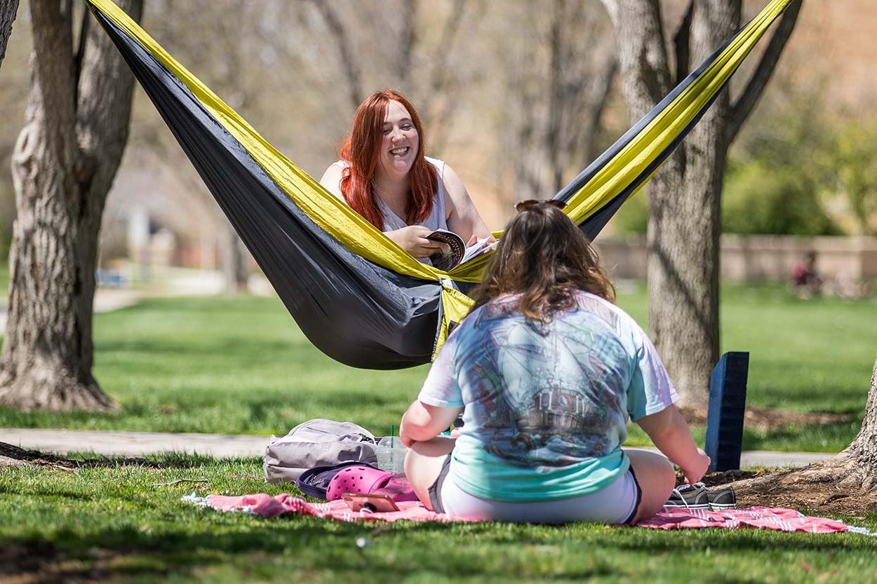 Student sit in a hammock on campus.